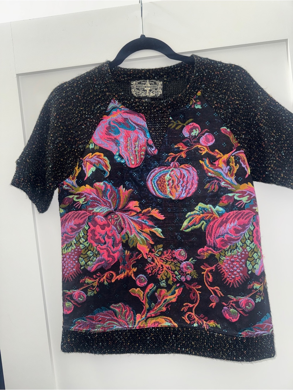 Anthropologie Black Short-Sleeve Knit Top with Pink Floral Embroidery